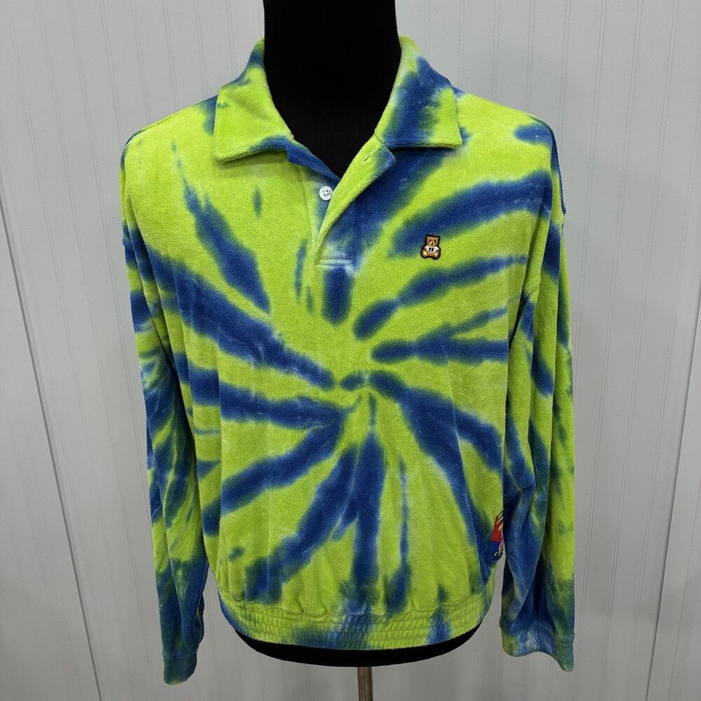 Teddy Fresh Blue Lime Green Tie Dye Terry Cloth Long Sleeve Polo Sweater Medium